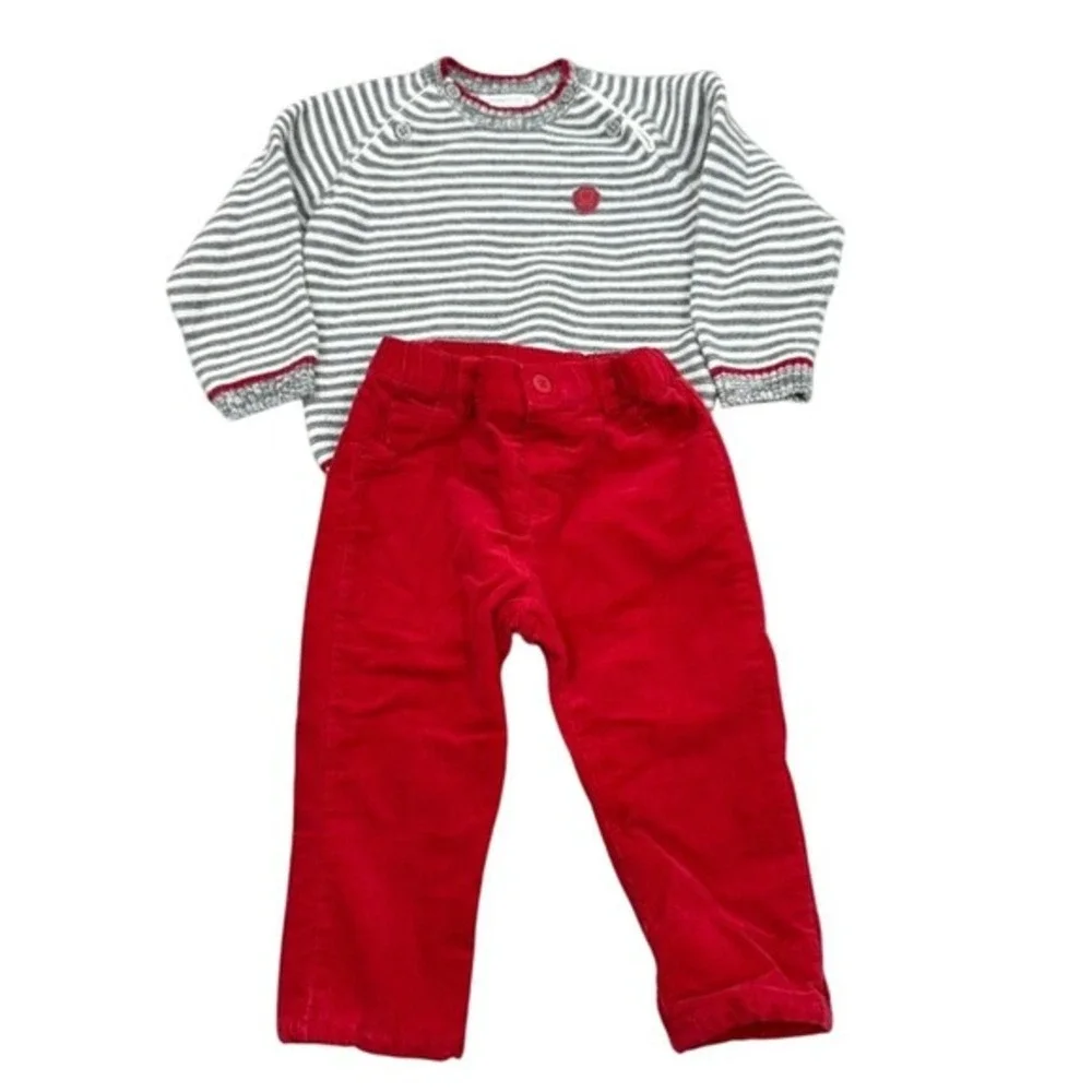 Mayoral Newborn Infant Outfit Set Grey‎ Striped Sweater Red Corduroy Pants 12M